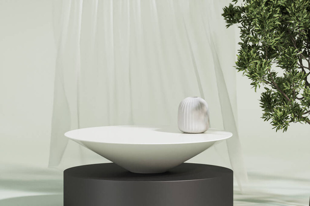 Realistický 3D vykreslení prázdný stylový bílý kulatý stůl pro kosmetické zobrazení se středomořskými zelenými rostlinami s foukajícími bílými příkrými závěsy, ranní slunce, listy. - Fotografie, Obrázek