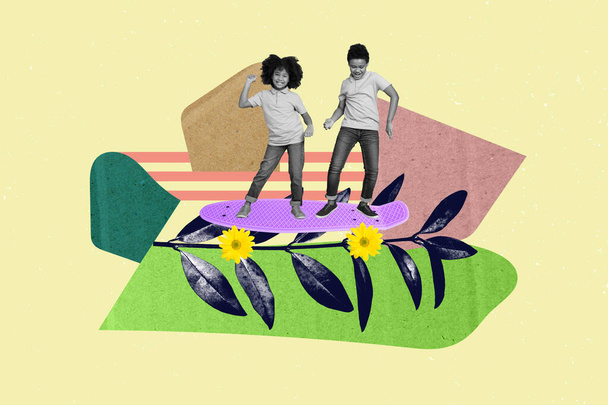 Creative collage picture of two mini black white colors kids stand ride big skateboard flowers instead wheels isolated on painted background. - Φωτογραφία, εικόνα