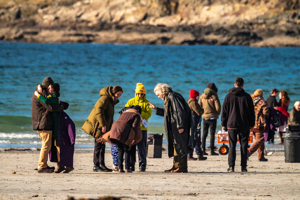 PORTNOO, COUNTY DONEGAL, IRELAND - MARCH 07 2023 : For Letters of Love is being filmed at the beach, starring Pierce Brosnan,Gabriel Byrne,Helena Bonham Carter, Fionn O Shea,Ann Skelly. - Photo, image