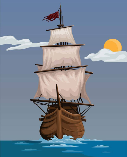 Pirate Ship Wooden Ancient Watercraft Cartoon illustration Vector - Vector, Image