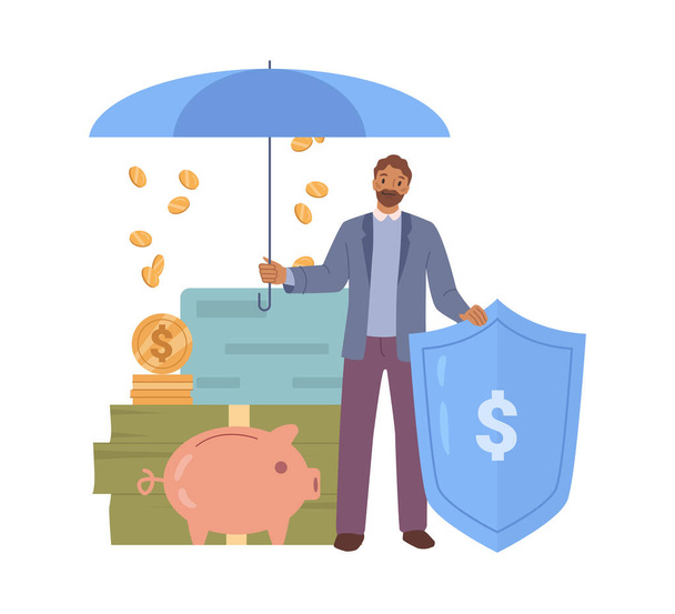 Bezpečnost a pojištění finančních aktiv a bankovnictví. Izolovaný muž s deštníkem chránícím peníze, mince a bankovky. Plochý kreslený film, vektorová ilustrace - Vektor, obrázek
