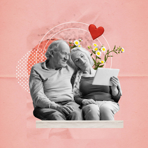Contemporary art collage. Creative design. Beautiful lovely couple, old man and woman sitting together and watching on tablet. Anniversary. Concept of family, love, relationship, support - Photo, Image