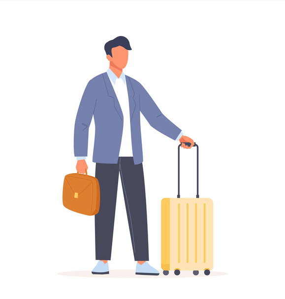 Man standing with a suitcase and holding briefcase. Business people having a business trip. Female character in business travel with a luggage. Flat vector illustration - Vecteur, image
