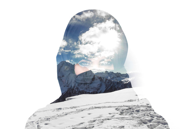 Double exposure of woman wearing burqa and mountainscape - Zdjęcie, obraz