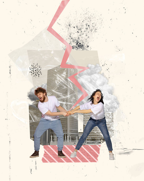 Contemporary art collage. Creative design. Emotional young man and woman, couple quarrelling, breaking up. Difficult times. Family, love, relationship, emotions and feelings concept. Banner. Postcard - Zdjęcie, obraz