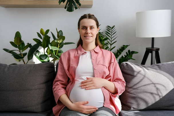 Portrait of smiling adorable lovely young pregnant woman in casual wear sitting alone on cozy couch in living room at home, happy looking at camera, holding belly. Motherhood and pregnancy concept - Foto, afbeelding
