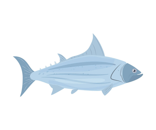 Tuna large fish cartoon icon or sign, flat vector illustration isolated on white background. Tuna fish for fishery emblems and seafood packaging design. - Vettoriali, immagini