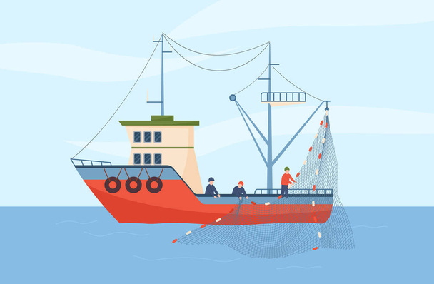 Fishing trawler or large equipped ship for fishing fish and seafood, flat vector illustration. Commercial hooker sea boat with fishermen pulling out nets. - Vector, Image