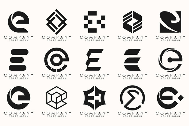 E harfinin soyut logo tasarım sembolü koleksiyonu. Geometrik logo mega koleksiyonu harflerle. - Vektör, Görsel