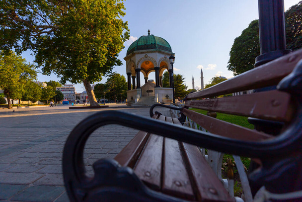Wide angle view of German Fountain, a gazebo styled fountain in the northern end of old hippodrome (Sultanahmet Square), Istanbul, Turkey. - Photo, Image