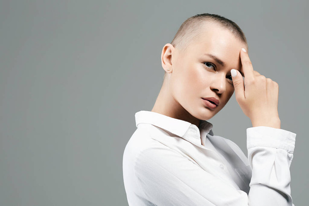 sensual pretty young woman with short haircut. portrait of beautiful bald woman - Photo, Image