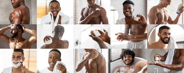 Χαμογελώντας χιλιετή διεθνείς άνδρες εφαρμόζουν κρέμα για το δέρμα, να κάνει ντους, ξύρισμα, να απολαύσετε θεραπείες spa και μπάνιο στο σπίτι, κολάζ. Ενυδατικά καλλυντικά για την περιποίηση των αρσενικών, καθημερινή υγιεινή - Φωτογραφία, εικόνα