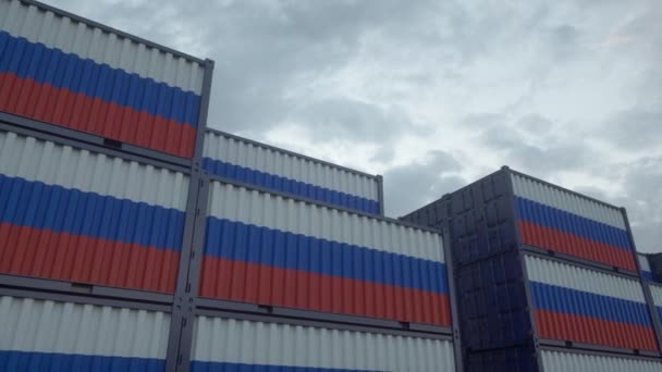 Russia flag containers are located at the container terminal. Russia export or import concept. - Footage, Video