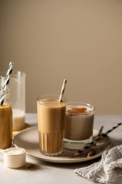 Chocolate protein drink or coffee refreshing drinks - Valokuva, kuva