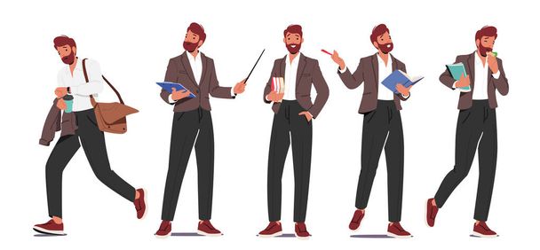 Insegnante maschio raffigurato in pose dinamiche con puntatore, libri, mangiare sandwich, fretta sul lavoro isolato su sfondo bianco. Tutor Uomo Personaggio Stile di vita e routine. Illustrazione del vettore della gente del fumetto - Vettoriali, immagini