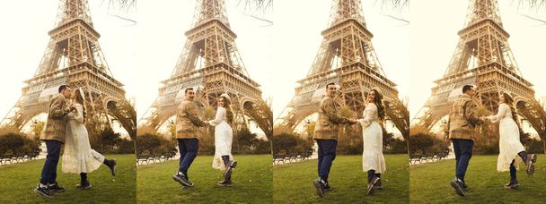 Um casal em Paris com a Torre Eiffel ao fundo. Viagem romântica, lua-de-mel na Europa. França cidade do amor. Sigam-me. Amor.. - Foto, Imagem