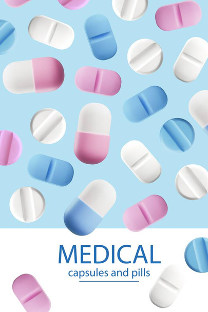 Medical flyer or banner template for website or social media with drugs and pills, realistic vector illustration. Medical preparations and pharmacy banner or poster. - Διάνυσμα, εικόνα