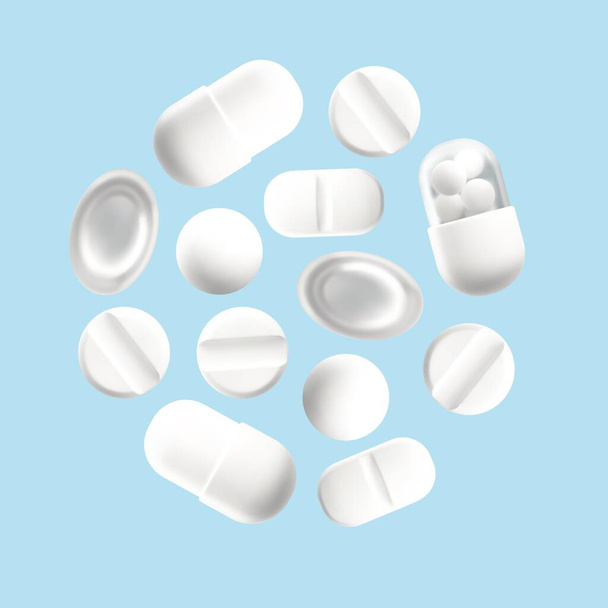 Decorative circle element for medicine and pharmacy banners and cards with medical capsules and pills, realistic vector illustration on blue background. - Διάνυσμα, εικόνα