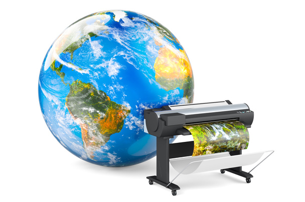 Plotter, impresora de inyección de tinta de gran formato con Earth Globe, renderizado 3D aislado sobre fondo blanco - Foto, imagen