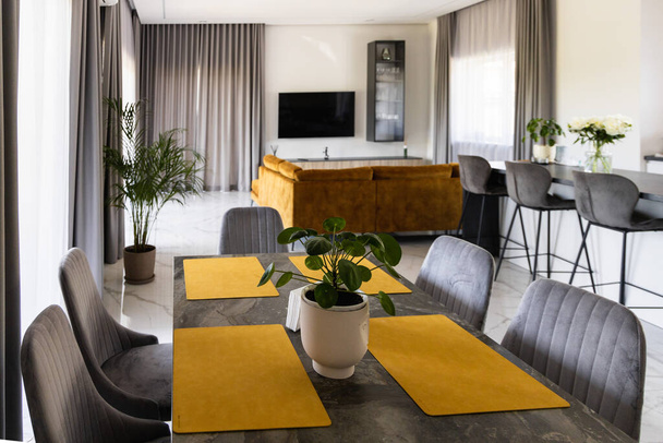 Bright modern living room interior design with dining table, hall with bar counter and ocher sofa in big house  - 写真・画像