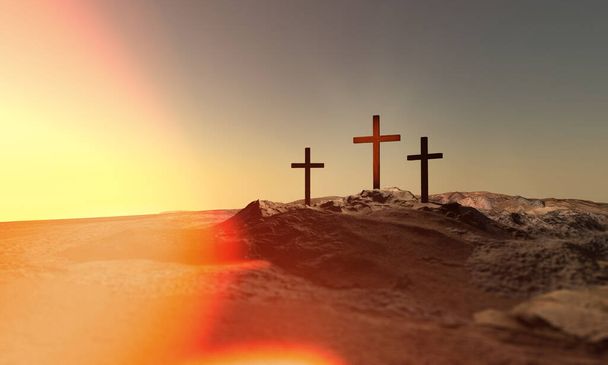 Christelijke kruisen op heuvel buiten bij zonsopgang. Kruisiging van Golgotha. 3D illustratie. Dramatisch licht. - Foto, afbeelding