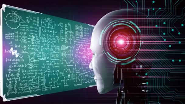 hominoid AI robotti tarkastellaan hologrammi näytön käsite matematiikan laskenta ja tieteellinen yhtälö analyyttinen käyttäen tekoälyä koneoppimisen prosessi. 3D-renderointi. - Materiaali, video