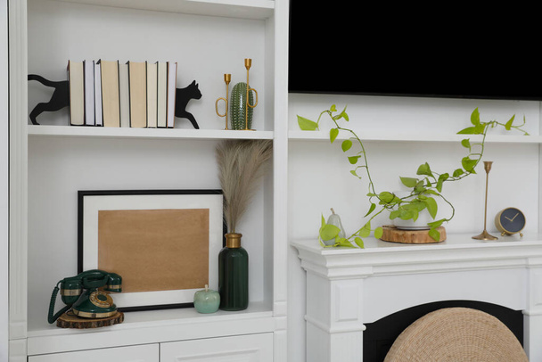 Stylish shelves with different decor elements and TV set in room. Interior design - Foto, immagini