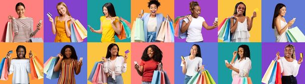 Aplikacja sprzedaży. Happy Multiethnic Kobiety z torby na zakupy i smartfony pozowanie na kolorowe tła Studio, Wesołe młode panie korzystające z aplikacji mobilnych z rabatem ofert, Kolaż - Zdjęcie, obraz