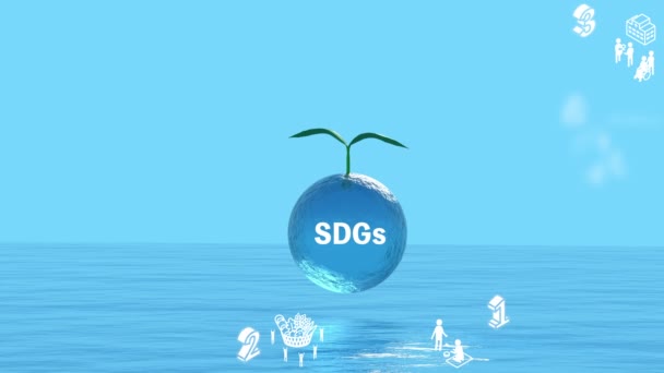 Umweltschutzbild der nachhaltigen Entwicklungsziele, Animation der auf dem Meer schwimmenden Symbole für nachhaltige Entwicklungsziele und grüner Hintergrund, Umweltbild - Filmmaterial, Video