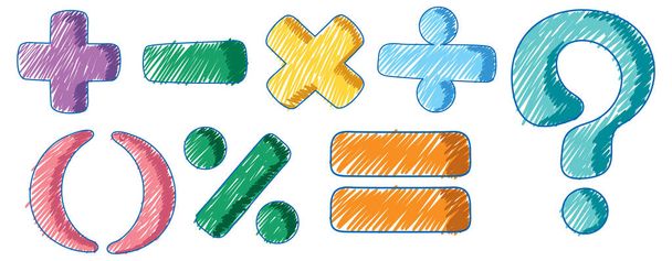 Grundlegende mathematische Symbole in Bleistiftfarbe Skizze einfache Stilillustration - Vektor, Bild
