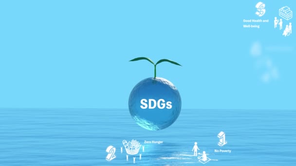 SDGsの環境保護画像、持続可能な開発目標のアニメーション海と緑の背景に浮かぶアイコン、消える、生態画像 - 映像、動画
