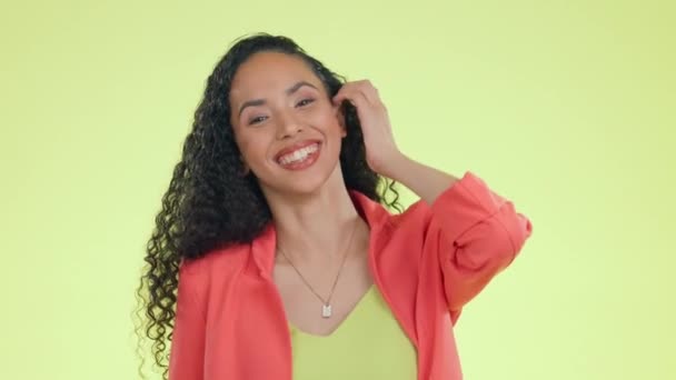 Happy, laugh and smile with black woman in studio for comedy, confidence or positive. Comedy, happiness and funny with portrait of girl and joke, satisfaction or natural isolated on yellow background. - Footage, Video