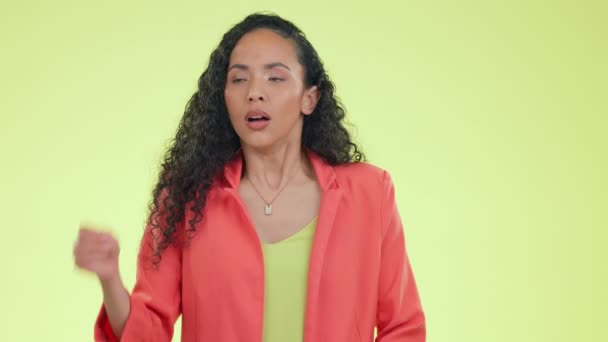 Disappointed, annoyed and businesswoman with stress, upset or angry isolated against a studio green background. Employee, corporate or professional sad, unhappy and frustrated due to mistake. - Filmmaterial, Video