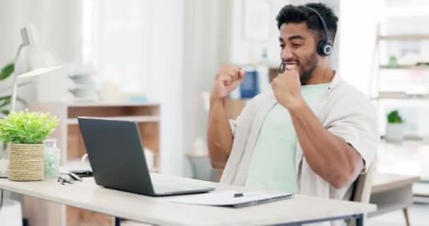Success, win and call center worker with a laptop to celebrate a target, goal or bonus in remote work. Winning, excited and customer service agent cheering for good news, email and telemarketing. - Footage, Video