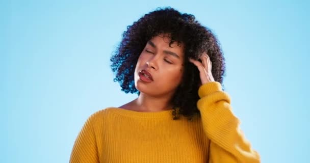 Thinking, confused and face of black woman in studio, pensive and wondering on blue background. Doubt, portrait and unsure girl with decision, choice or emoji on mockup, product placement or isolated. - Footage, Video