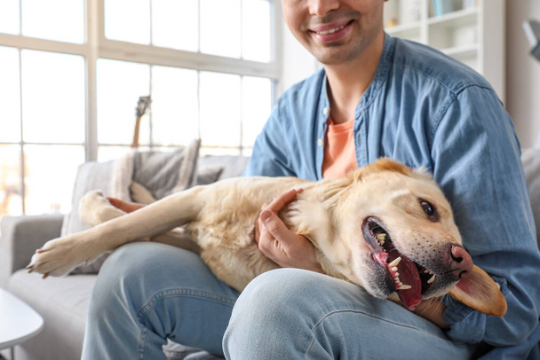 Молодой человек с симпатичной собакой-лабрадором сидит дома на диване, крупным планом - Фото, изображение