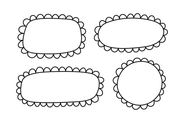 Doodle circle and square scalloped frames. Hand drawn scalloped edge rectangle and ellipse shapes. Simple label form. Flower silhouette lace frame. Vector illustration isolated on white background. - Vector, imagen