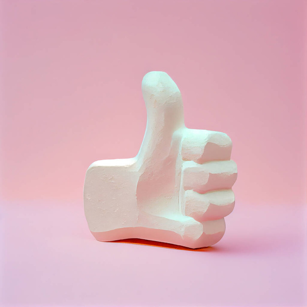 Hand made of plaster showing thumbs-up sign, OK sign, well done sign, minimal pastel pink background - Photo, Image