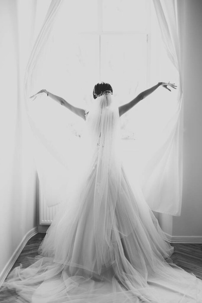Luxury bride in white dress posing while preparing for the wedding ceremony. - 写真・画像