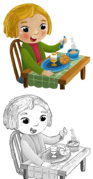 cartoon scene with girl little lady eating healthy breakfast illustration for kids sketch - Zdjęcie, obraz