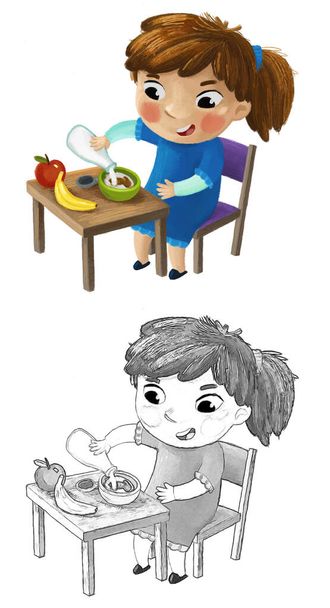 cartoon scene with girl eating healthy breakfast illustration for kids sketch - Zdjęcie, obraz