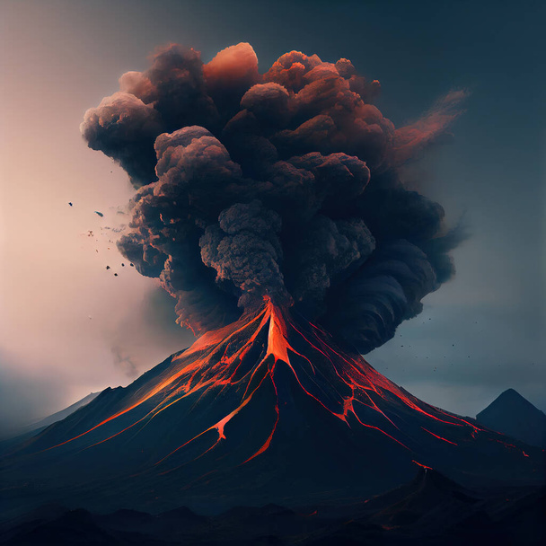 Vulkán tör ki a sötét ég, a nagy füst és a láva ellen - Fotó, kép