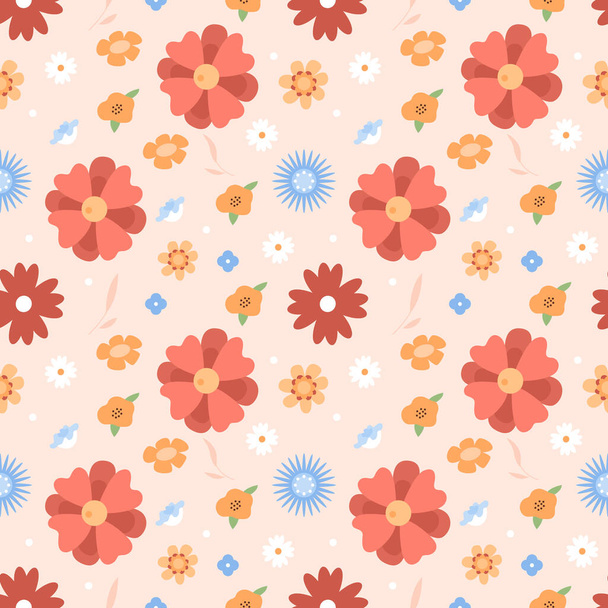 Bright floral ornament seamless pattern background. Fully editable 2D flat color illustration. Trendy cartoon vector graphics. Creative backdrop image for textile, fabric, wallpaper design - Vektör, Görsel