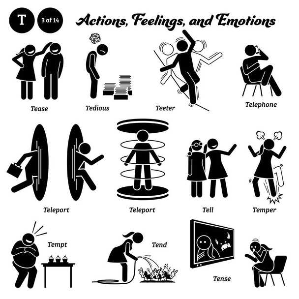 Stick figure human people man action, feelings, and emotions icons alphabet T. Tease, tedious, teeter, telephone, teleport, tell, temper, tempt, tend, and tense. - Vector, Image