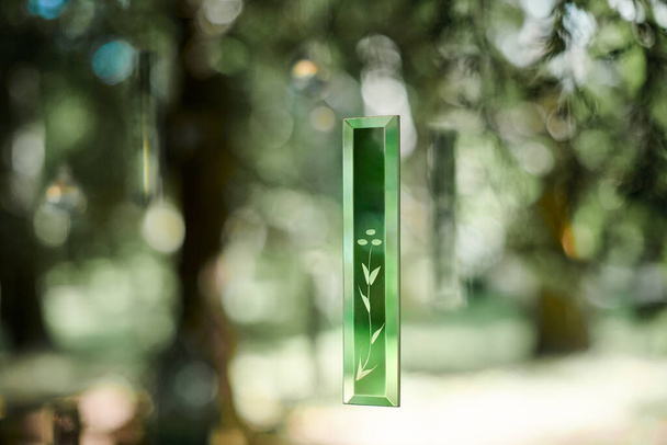 Transparent glass decorative art objects in green forest at outdoor art exhibition about purity of nature and environmental protection. Glass crystals hanging in air with patterns of nature - Photo, Image