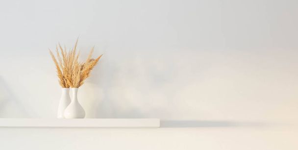 bouquet of dried wild flowers in white vase on wooden shelf on background white wall - Photo, Image
