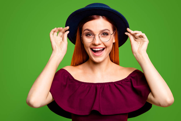Look at me Do you like my new black hat Close up photo portrait of attractive cool swag charming gorgeous stunning lady wearing hat maroon outfit isolated bright background. - Zdjęcie, obraz