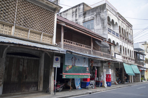 Kanchanaburi, Thailand- 16 Feb, 2023: Historical building along Pakprak Heritage Street in Kanchanaburi, Thailand. More than 20 heritage buildings feature along the road - Photo, image