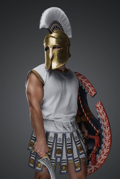 Guapo soldado griego del pasado con gladius y escudo. Foto de alta calidad - Foto, imagen