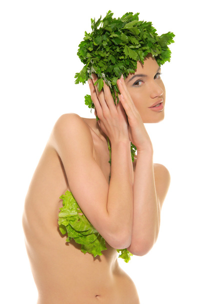 Sexy woman with clothes made ??of vegetables - Zdjęcie, obraz